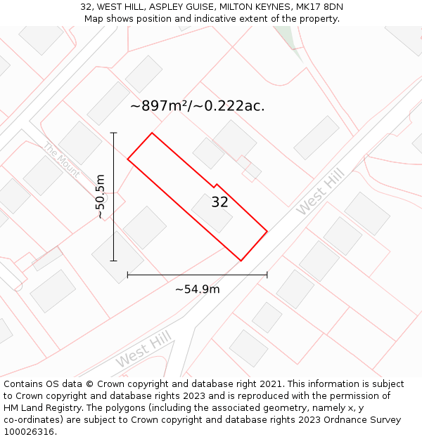 32, WEST HILL, ASPLEY GUISE, MILTON KEYNES, MK17 8DN: Plot and title map