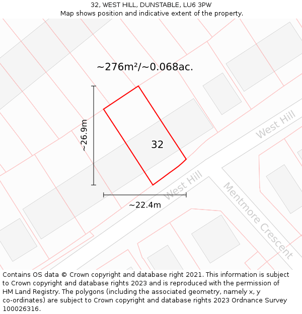 32, WEST HILL, DUNSTABLE, LU6 3PW: Plot and title map