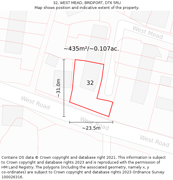 32, WEST MEAD, BRIDPORT, DT6 5RU: Plot and title map