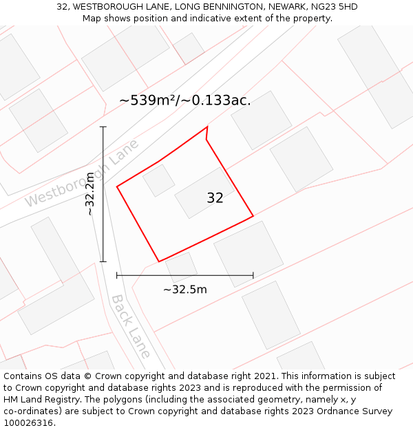 32, WESTBOROUGH LANE, LONG BENNINGTON, NEWARK, NG23 5HD: Plot and title map