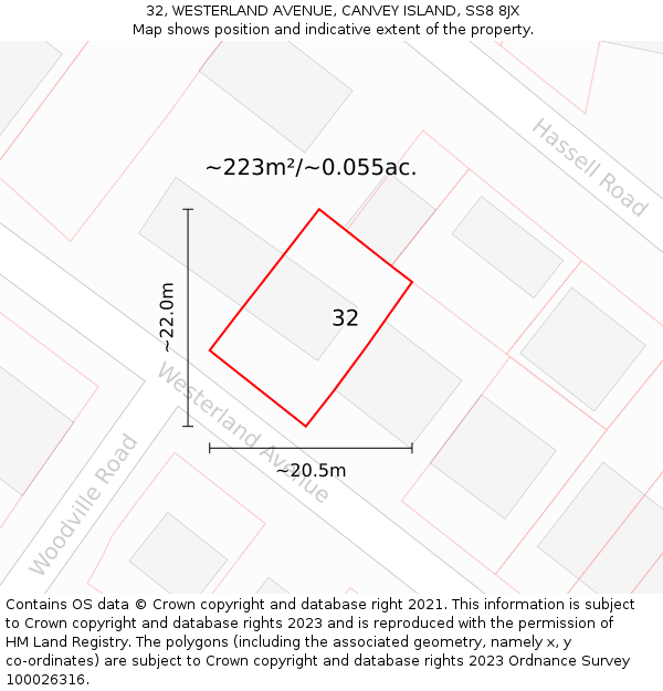32, WESTERLAND AVENUE, CANVEY ISLAND, SS8 8JX: Plot and title map