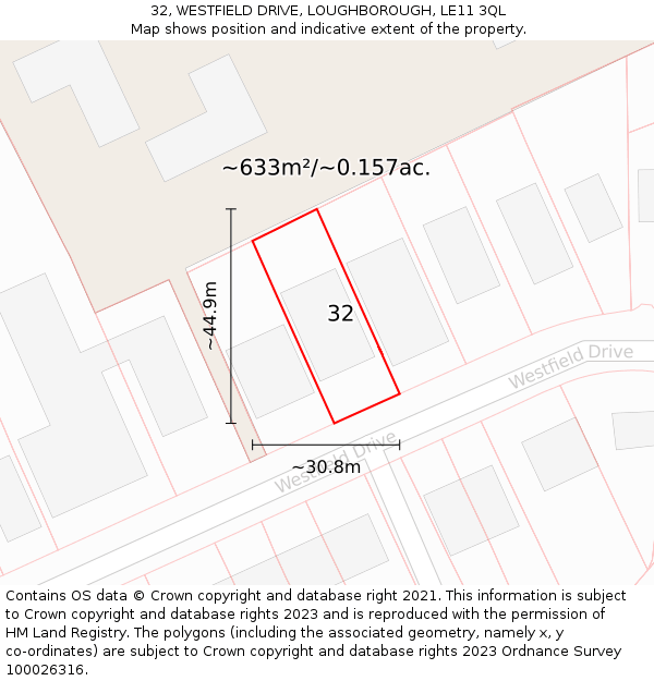 32, WESTFIELD DRIVE, LOUGHBOROUGH, LE11 3QL: Plot and title map