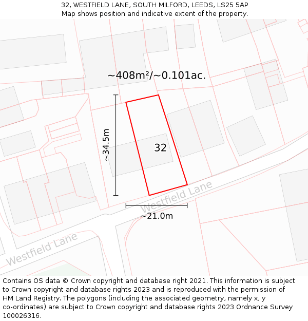 32, WESTFIELD LANE, SOUTH MILFORD, LEEDS, LS25 5AP: Plot and title map