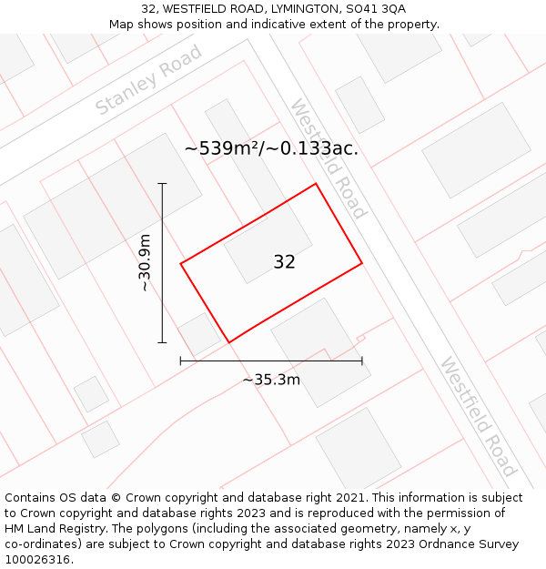 32, WESTFIELD ROAD, LYMINGTON, SO41 3QA: Plot and title map