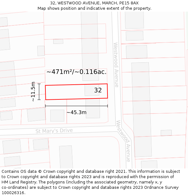 32, WESTWOOD AVENUE, MARCH, PE15 8AX: Plot and title map