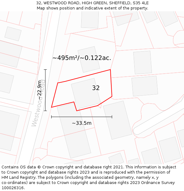32, WESTWOOD ROAD, HIGH GREEN, SHEFFIELD, S35 4LE: Plot and title map