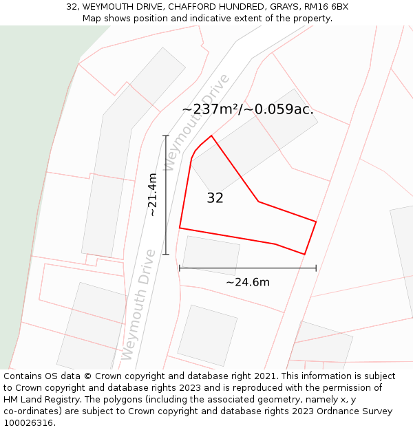 32, WEYMOUTH DRIVE, CHAFFORD HUNDRED, GRAYS, RM16 6BX: Plot and title map