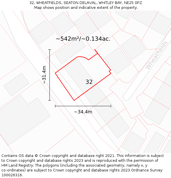 32, WHEATFIELDS, SEATON DELAVAL, WHITLEY BAY, NE25 0PZ: Plot and title map