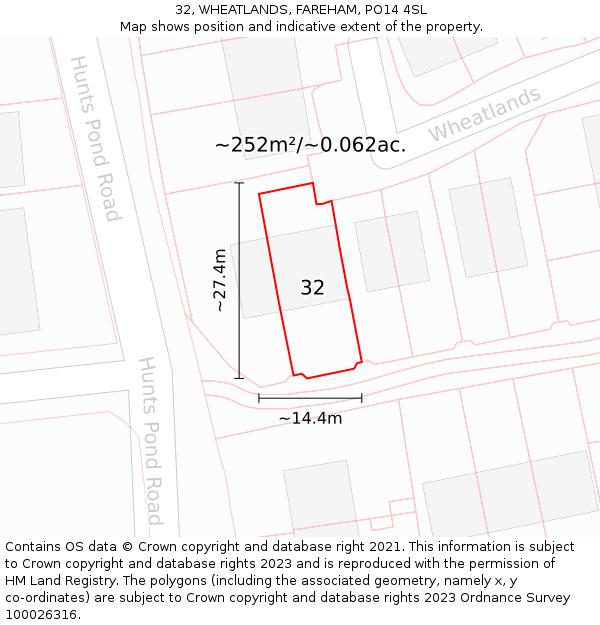 32, WHEATLANDS, FAREHAM, PO14 4SL: Plot and title map