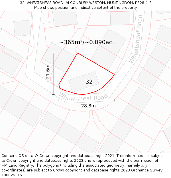 32, WHEATSHEAF ROAD, ALCONBURY WESTON, HUNTINGDON, PE28 4LF: Plot and title map