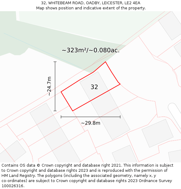 32, WHITEBEAM ROAD, OADBY, LEICESTER, LE2 4EA: Plot and title map