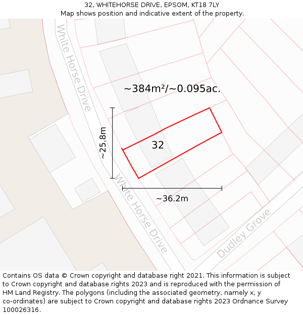 32, WHITEHORSE DRIVE, EPSOM, KT18 7LY: Plot and title map