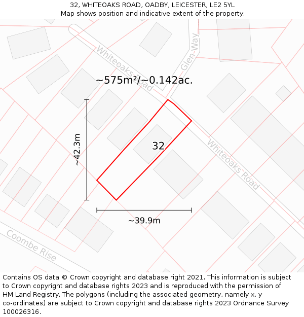 32, WHITEOAKS ROAD, OADBY, LEICESTER, LE2 5YL: Plot and title map