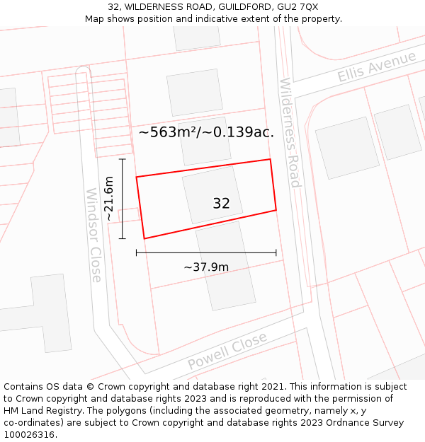 32, WILDERNESS ROAD, GUILDFORD, GU2 7QX: Plot and title map