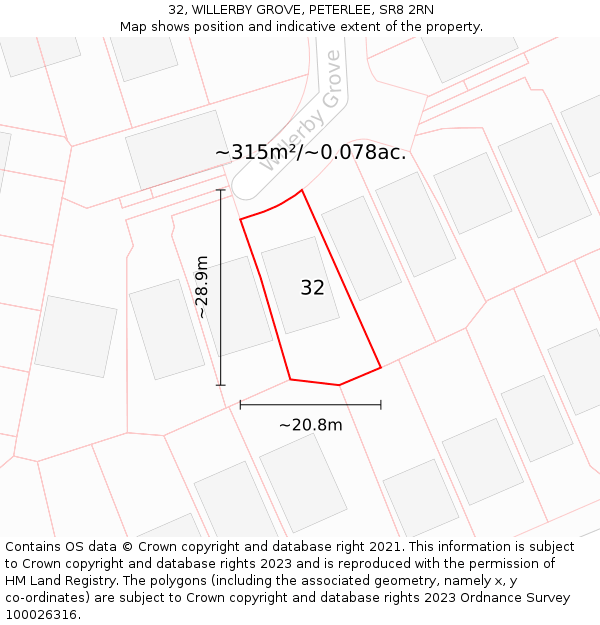 32, WILLERBY GROVE, PETERLEE, SR8 2RN: Plot and title map