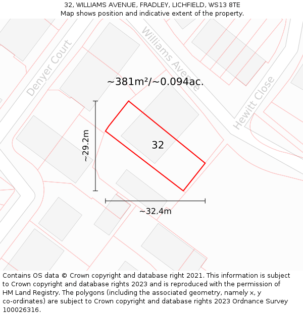 32, WILLIAMS AVENUE, FRADLEY, LICHFIELD, WS13 8TE: Plot and title map