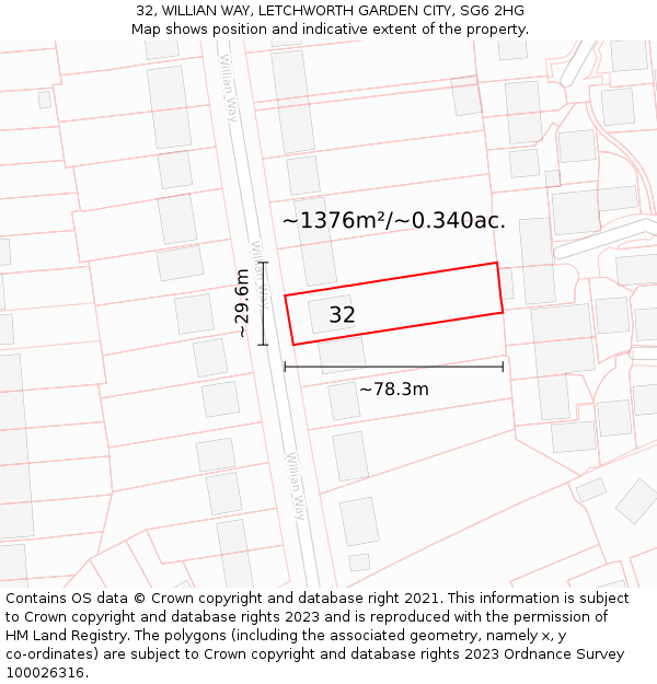 32, WILLIAN WAY, LETCHWORTH GARDEN CITY, SG6 2HG: Plot and title map