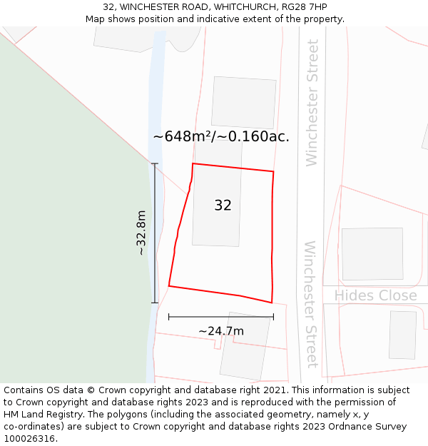 32, WINCHESTER ROAD, WHITCHURCH, RG28 7HP: Plot and title map