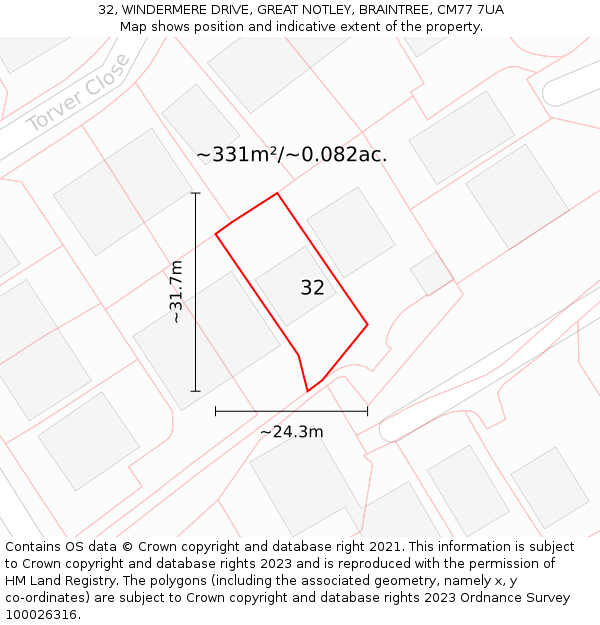 32, WINDERMERE DRIVE, GREAT NOTLEY, BRAINTREE, CM77 7UA: Plot and title map