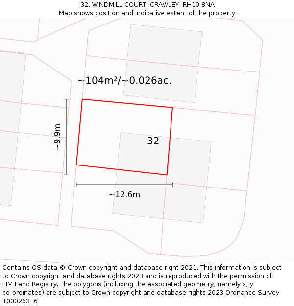 32, WINDMILL COURT, CRAWLEY, RH10 8NA: Plot and title map