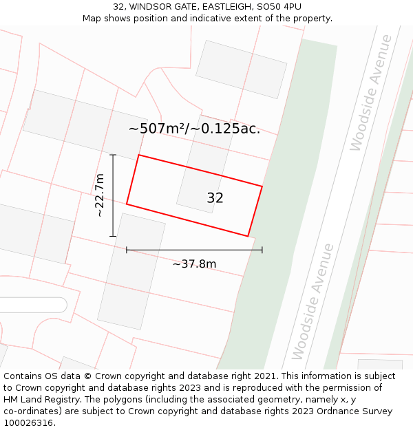 32, WINDSOR GATE, EASTLEIGH, SO50 4PU: Plot and title map