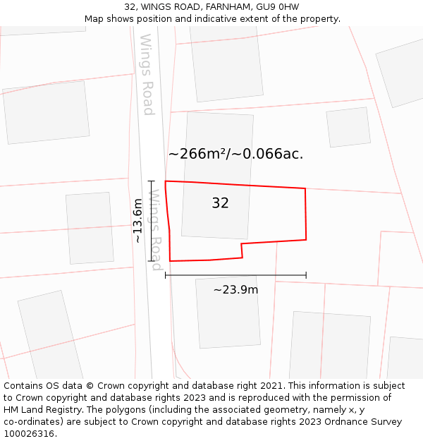 32, WINGS ROAD, FARNHAM, GU9 0HW: Plot and title map