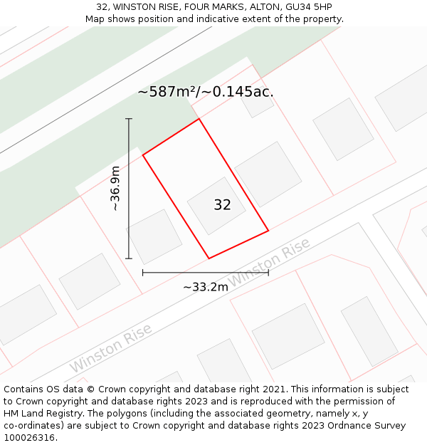 32, WINSTON RISE, FOUR MARKS, ALTON, GU34 5HP: Plot and title map