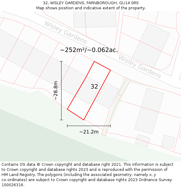 32, WISLEY GARDENS, FARNBOROUGH, GU14 0RS: Plot and title map