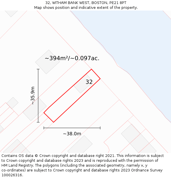 32, WITHAM BANK WEST, BOSTON, PE21 8PT: Plot and title map