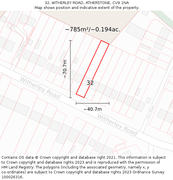 32, WITHERLEY ROAD, ATHERSTONE, CV9 1NA: Plot and title map