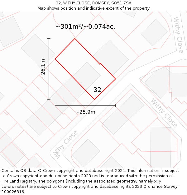 32, WITHY CLOSE, ROMSEY, SO51 7SA: Plot and title map