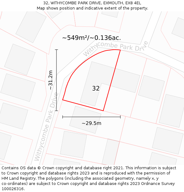 32, WITHYCOMBE PARK DRIVE, EXMOUTH, EX8 4EL: Plot and title map