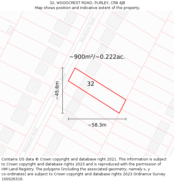 32, WOODCREST ROAD, PURLEY, CR8 4JB: Plot and title map