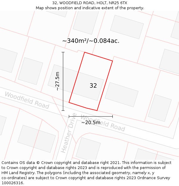 32, WOODFIELD ROAD, HOLT, NR25 6TX: Plot and title map