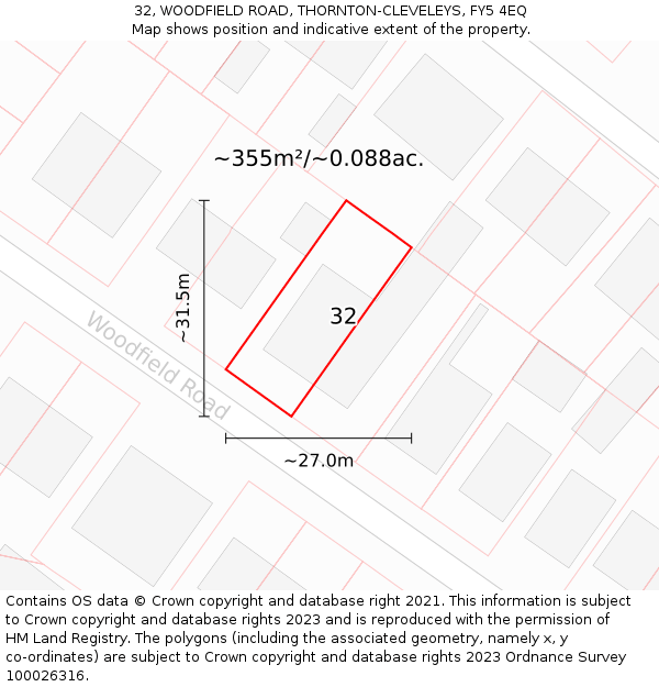 32, WOODFIELD ROAD, THORNTON-CLEVELEYS, FY5 4EQ: Plot and title map