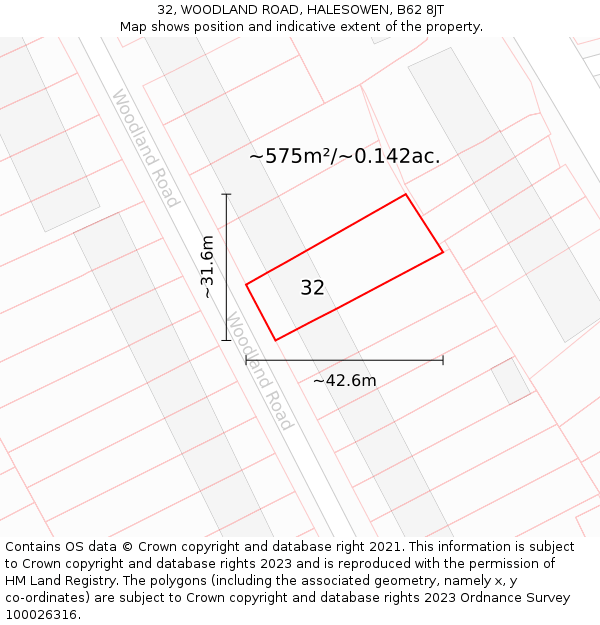 32, WOODLAND ROAD, HALESOWEN, B62 8JT: Plot and title map