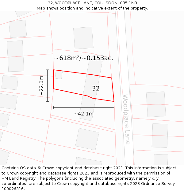 32, WOODPLACE LANE, COULSDON, CR5 1NB: Plot and title map