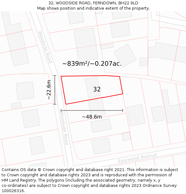 32, WOODSIDE ROAD, FERNDOWN, BH22 9LD: Plot and title map