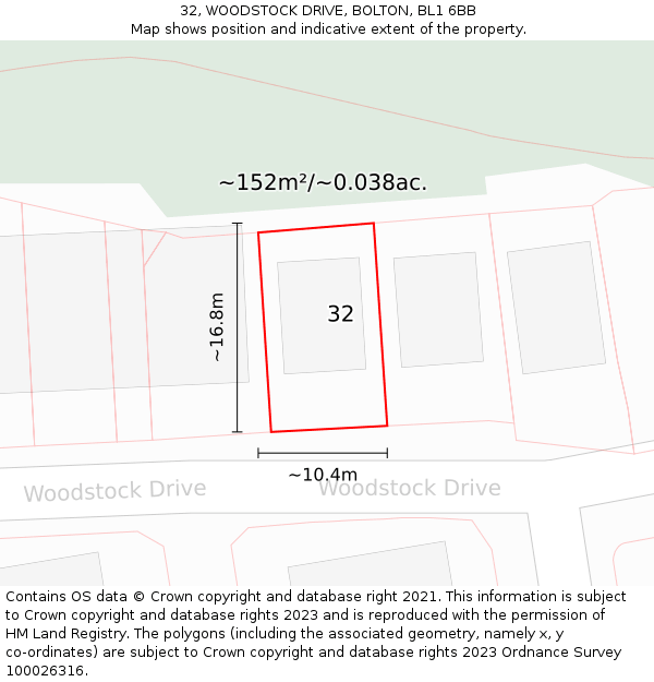 32, WOODSTOCK DRIVE, BOLTON, BL1 6BB: Plot and title map