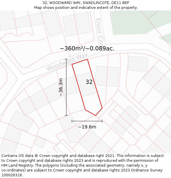 32, WOODWARD WAY, SWADLINCOTE, DE11 8EP: Plot and title map