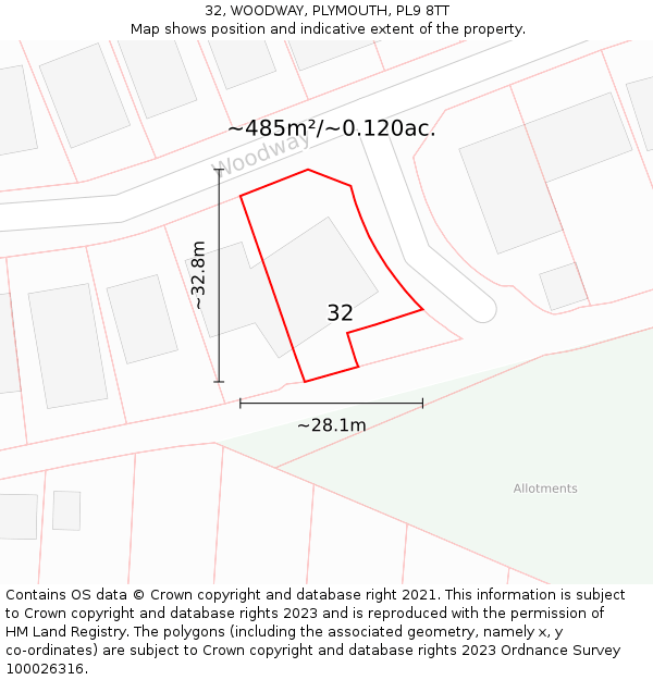 32, WOODWAY, PLYMOUTH, PL9 8TT: Plot and title map