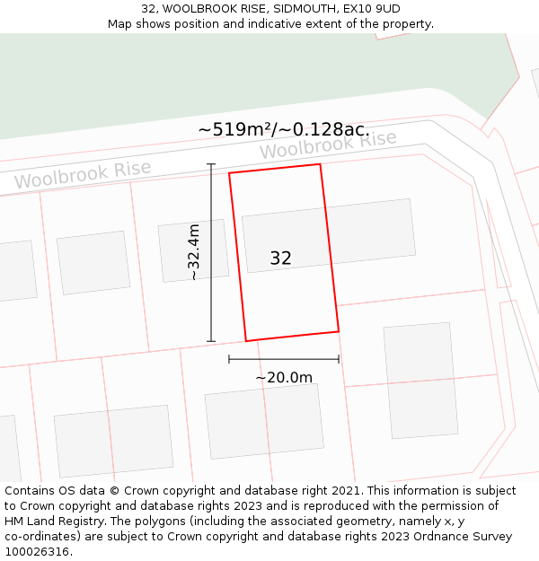 32, WOOLBROOK RISE, SIDMOUTH, EX10 9UD: Plot and title map