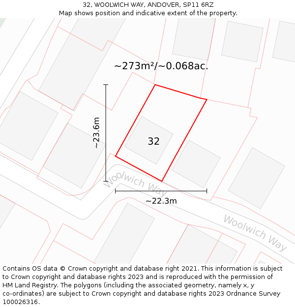 32, WOOLWICH WAY, ANDOVER, SP11 6RZ: Plot and title map