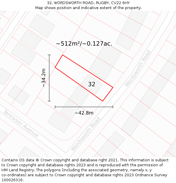 32, WORDSWORTH ROAD, RUGBY, CV22 6HY: Plot and title map