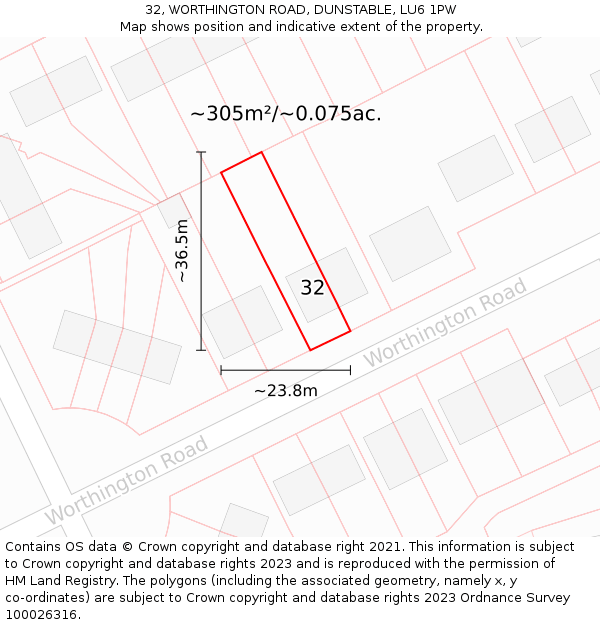 32, WORTHINGTON ROAD, DUNSTABLE, LU6 1PW: Plot and title map