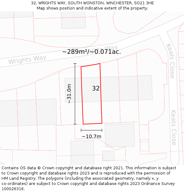 32, WRIGHTS WAY, SOUTH WONSTON, WINCHESTER, SO21 3HE: Plot and title map