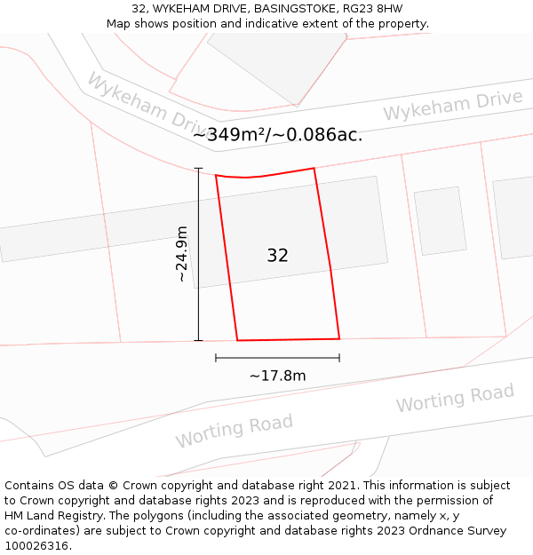 32, WYKEHAM DRIVE, BASINGSTOKE, RG23 8HW: Plot and title map