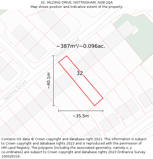 32, YALDING DRIVE, NOTTINGHAM, NG8 2QA: Plot and title map