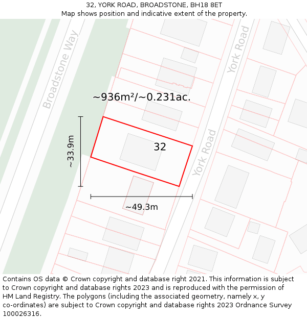 32, YORK ROAD, BROADSTONE, BH18 8ET: Plot and title map