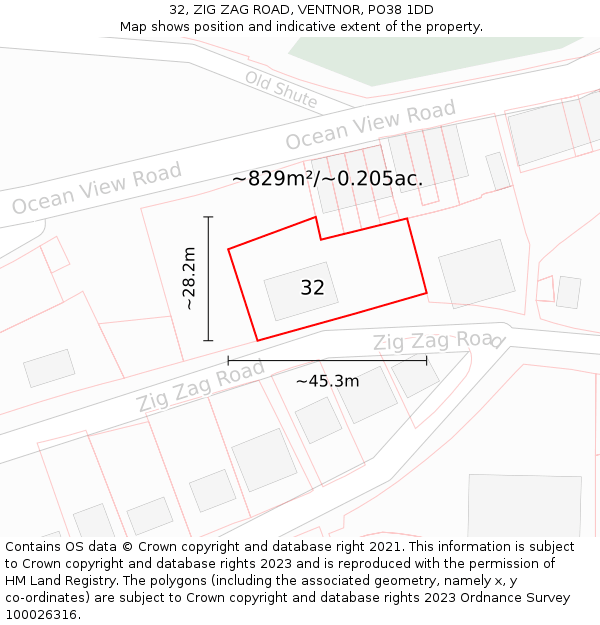 32, ZIG ZAG ROAD, VENTNOR, PO38 1DD: Plot and title map